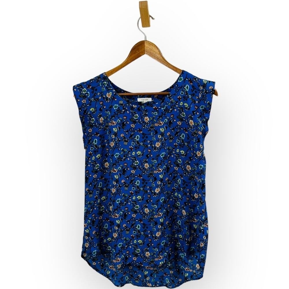 Pleione Floral Blouse Small‎ Blue V Neck Cap Sleeve Popover Boho - Picture 2 of 10